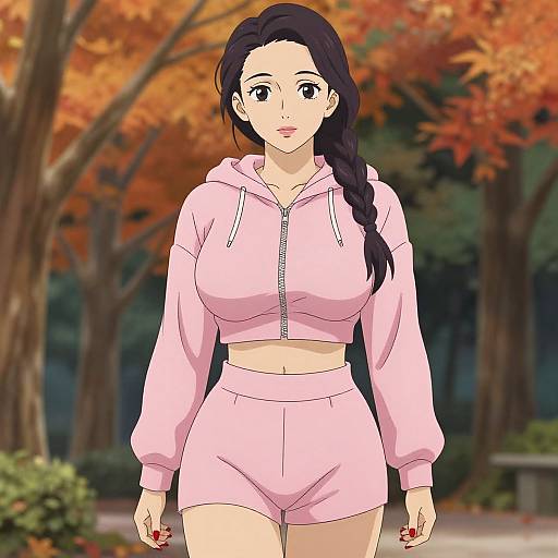 Anime-style digital drawing of a fair-skinned woman with long black hair in a braid, wearing a pink hoodie and shorts, standing in an autumn