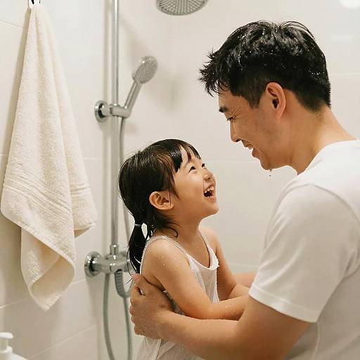 Photograph of an Asian man in a white shirt showering a laughing Asian girl with wet, dark hair, holding her close, in a white-t