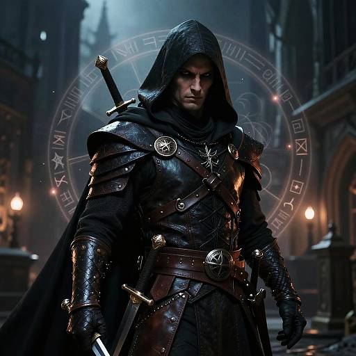 Dark Rogue Warrior in Medieval Urban Night