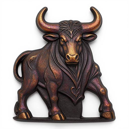 Photograph of a bronze bull sculpture with intricate detailing, large curved horns, and a flowing mane, highlighted with golden accents.