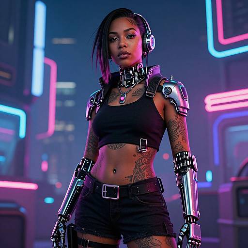 Cyberpunk woman with black crop top, shorts, metallic arm and shoulder armor, tattoos, headphones, neon-lit futuristic city background. Photoreal