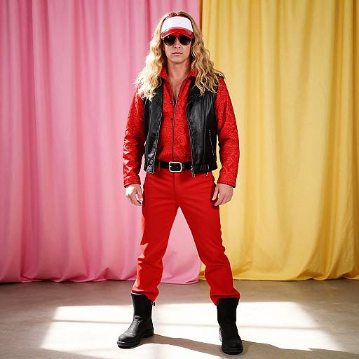 Photograph of a blonde man with long hair, wearing a red shirt, red pants, black vest, black boots, and red cap, standing against