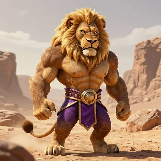 CGI image of a muscular anthropomorphic lion with a golden mane, wearing a purple loincloth with a gold belt, standing in a sunlit