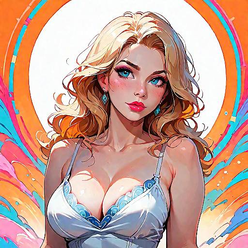 Blonde Woman with Colorful Abstract Dress and Cleavage