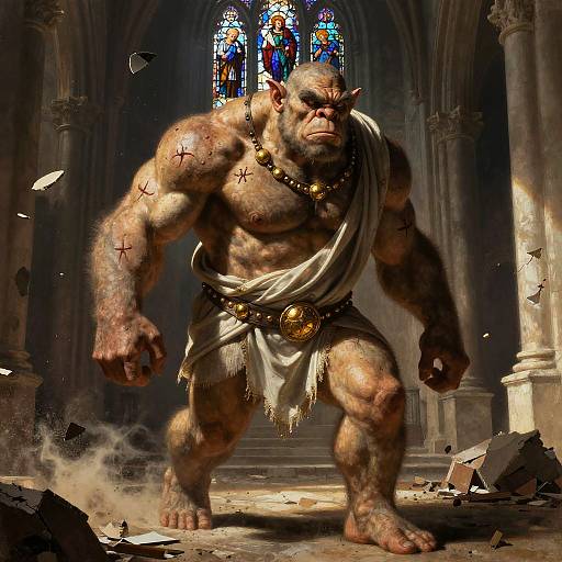 Sunlit Cathedral Ogre in Renaissance Chiaroscuro