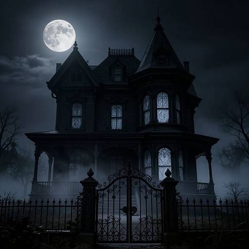 Silhouetted Victorian haunted house under full moon, surrounded by fog, with ornate iron gate in foreground, dark, eerie night scene.