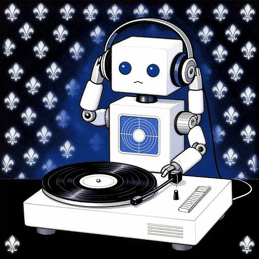 Digital drawing of a white, square-faced robot DJ with blue eyes, wearing headphones, playing a black vinyl record on a white DJ turntable. Background