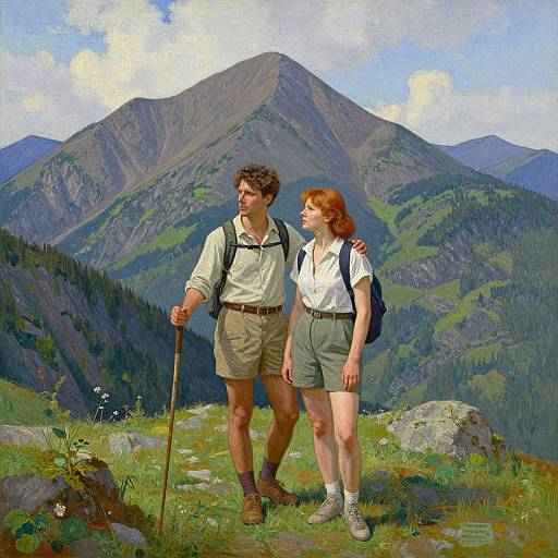 Photorealistic painting of a curly-haired man and red-haired woman hiking on a mountain meadow, holding trekking poles, with a majestic mountain range