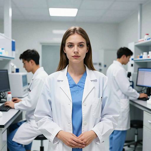 Photograph of a serious young Caucasian woman with straight brown hair in a white lab coat over blue scrubs, standing in a bright, modern medical office