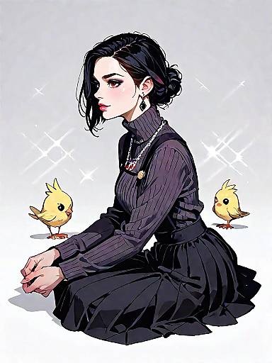 Chic Woman Sitting with Two Yellow Birds