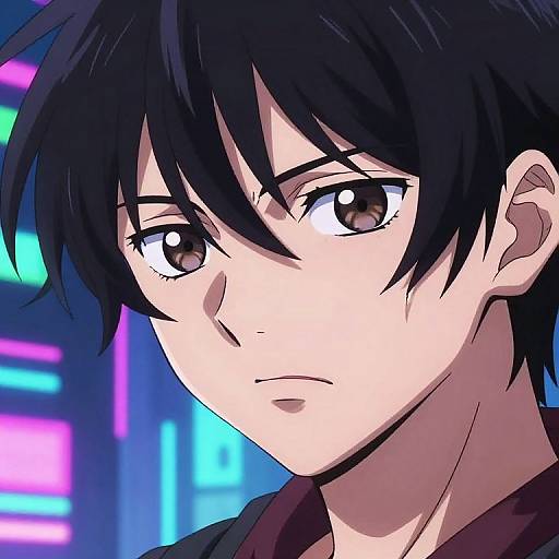 Anime-style digital drawing of a serious young man with black hair, brown eyes, and pale skin, set against a neon-lit background.