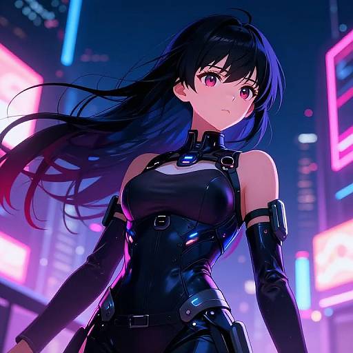 Digital anime art of a fierce, black-haired woman with red eyes in a glossy black leather outfit, standing in a neon-lit, futuristic cityscape