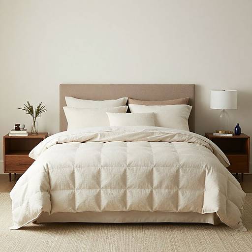Modern bedroom photograph featuring a beige upholstered bed with white quilted bedding, flanked by wooden nightstands, one with a lamp and vase.