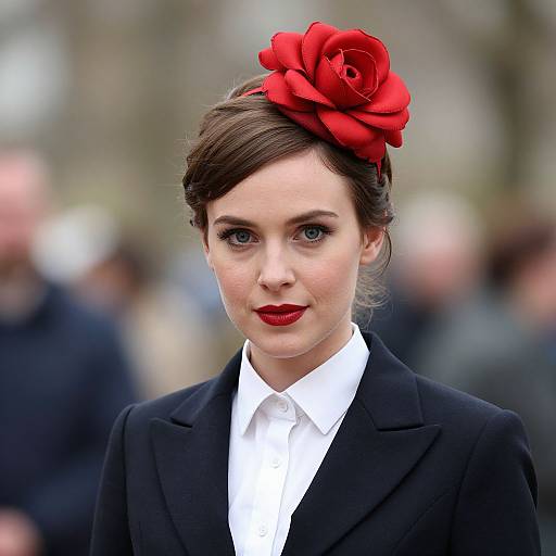 Photograph of a fair-skinned woman with red lipstick, dark brown hair in an updo, wearing a red rose headpiece, black blazer