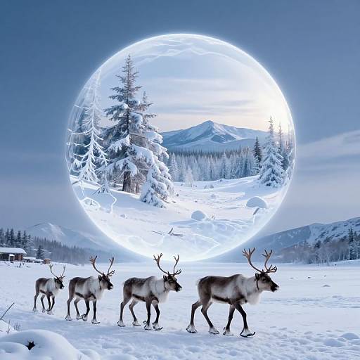Photograph of five reindeer with antlers standing in a snowy landscape, with a glowing, transparent sphere revealing a forested mountain background.