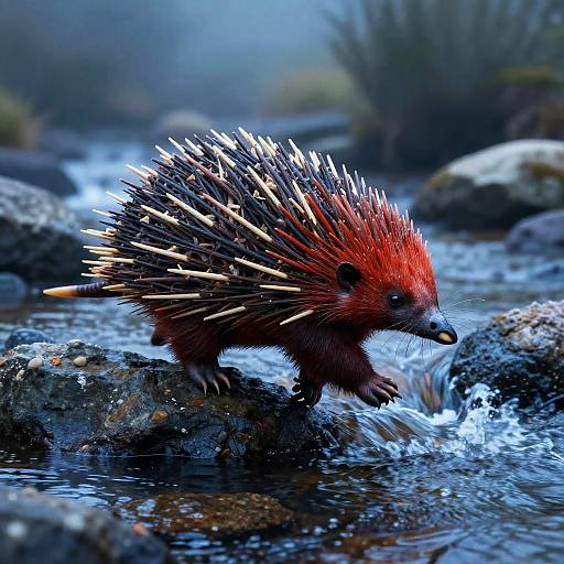 Red Echidna Crossing Misty Stream