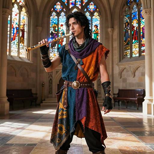 Muscular man with long black hair plays flute in medieval-style church, wearing colorful tunic, leather gloves, and belt, surrounded by vibrant stained glass
