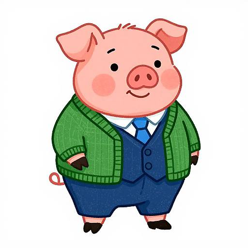 Cartoon pig in green cardigan, blue vest, white shirt, and blue tie, with black gloves and black shoes, standing confidently.
