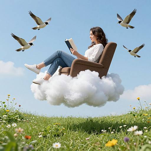 Photograph of a brunette woman with wavy hair, wearing a white top and blue jeans, reading on a brown chair floating on a cloud, surrounded