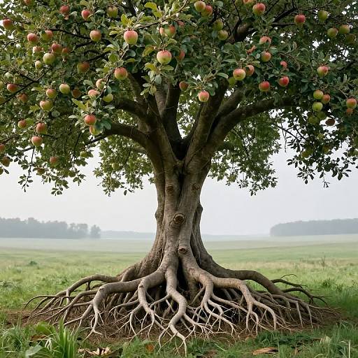 Photograph of a tall apple tree with red and green apples, extensive exposed roots, and lush green grass in the background.