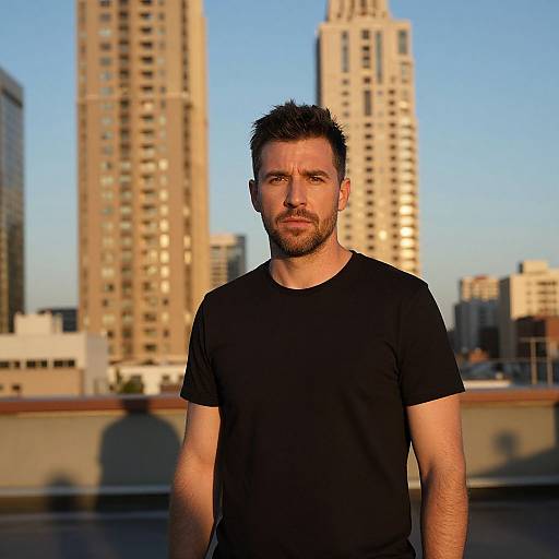 Rugged Man on Rooftop at Sunset