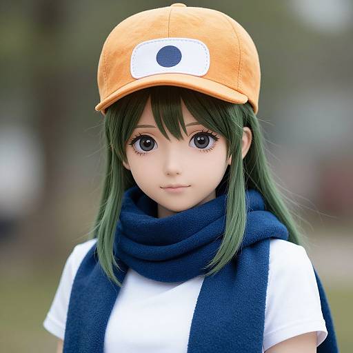 Photograph of a young anime-style girl with green hair, wearing an orange hat, white shirt, blue scarf, and standing outdoors.