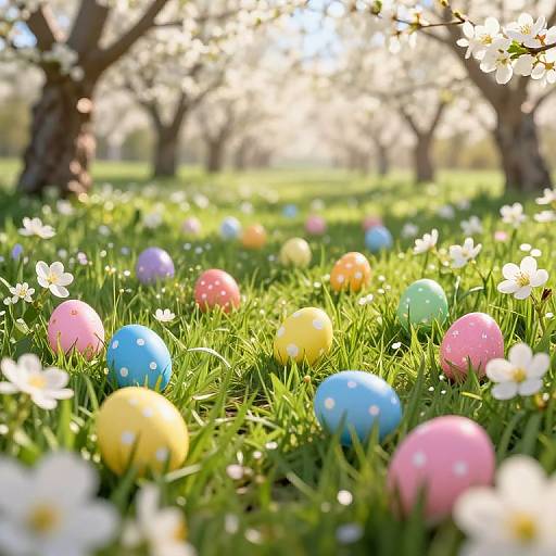 Photograph of vibrant Easter eggs (pink, blue, yellow, purple) scattered on sunlit grass with white daisies, surrounded by blossoming