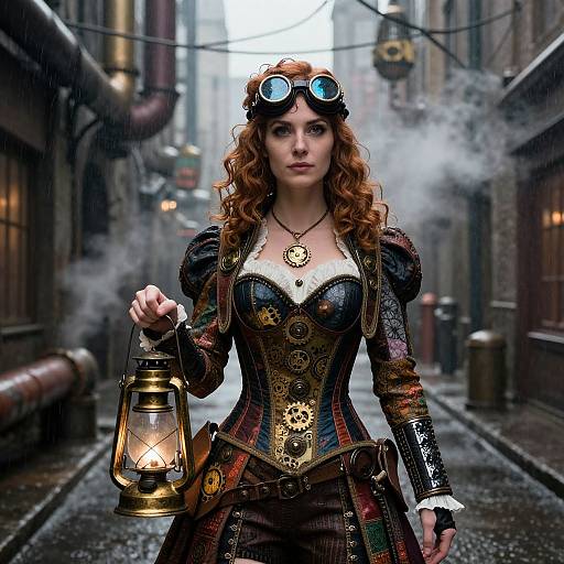 Steampunk woman with curly red hair, goggles, corset, and leather outfit holds lantern in foggy alleyway; cyberpunk, industrial backdrop