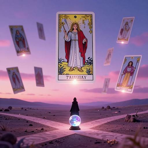Photograph: Silhouette figure stands before glowing orb, surrounded by floating Tarot cards of 