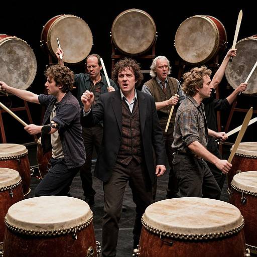Photograph of a live drum ensemble with six male musicians in dark clothing, playing large wooden drums with white drumheads. Central musician in black suit leads