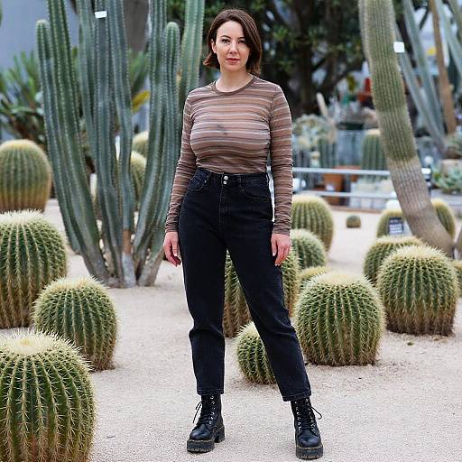 Photograph of a woman with shoulder-length brown hair, wearing a striped long-sleeve top, black high-waisted pants, and black boots
