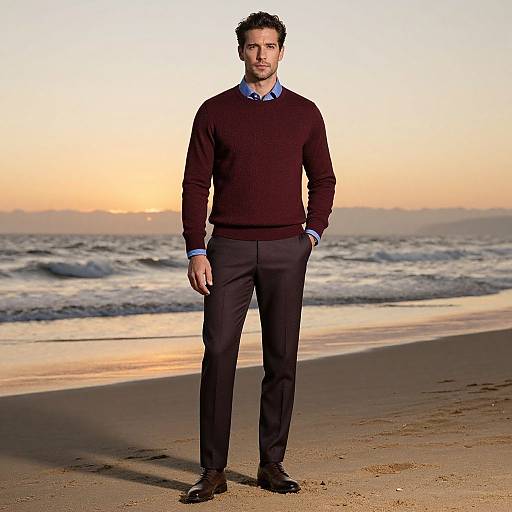 Photograph of a handsome, dark-haired man in a brown sweater, blue shirt, and black pants standing on a sandy beach at sunset, with waves