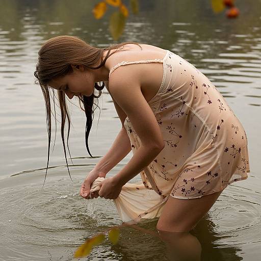 Photograph of a young woman with wet brown hair, wearing a sheer, floral-patterned dress, bending to lift the hem while standing in a calm