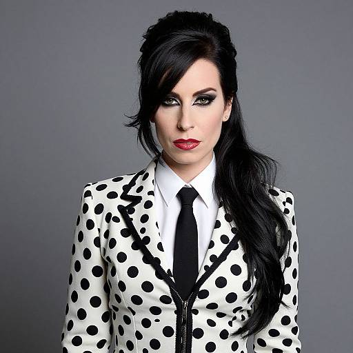 Photograph of a pale-skinned woman with black hair, red lipstick, black polka dot suit, white shirt, and black tie, against a