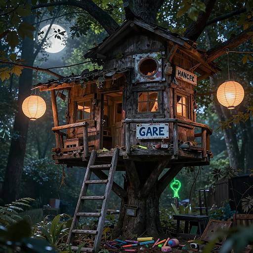 Lurking Monster in Moonlit Backyard Treehouse