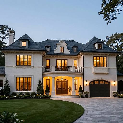 Photograph of a luxurious, white, two-story mansion at dusk, illuminated with warm yellow lights, featuring a curved driveway, manicured lawn, and