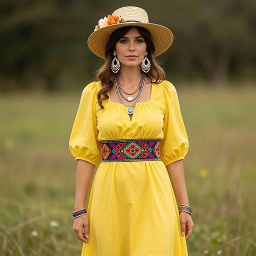 Vintage Bohemian Woman in Yellow Dress