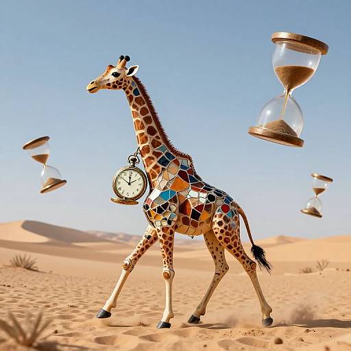 Photograph of a surreal giraffe with a mosaic-patterned body, wearing a clock on its neck, walking in a desert with floating hourglasses