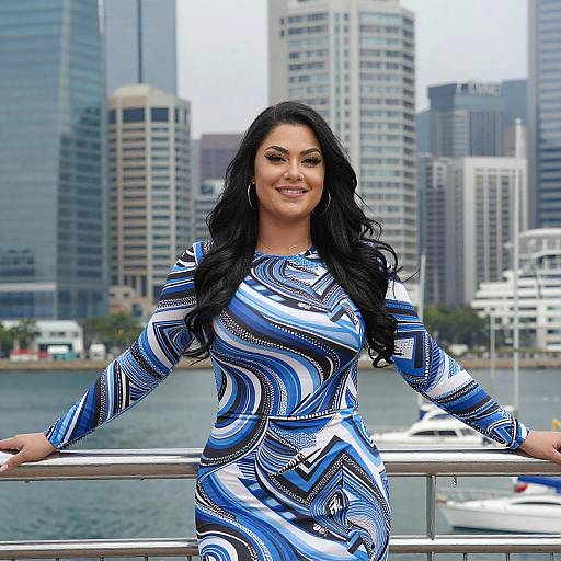 Photograph of a smiling woman with long black hair, wearing a blue, white, and silver patterned dress, standing on a waterfront balcony with city