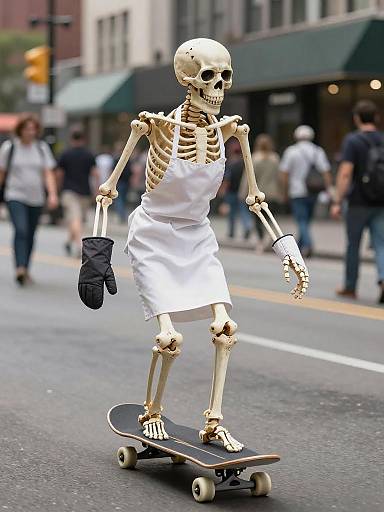 Skeleton Skateboarding in Chef Apron and Oven Mitts