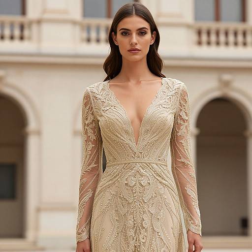 Photograph of a slender, dark-haired woman in a deep V-neck, long-sleeved, lace-embellished, ivory gown standing in