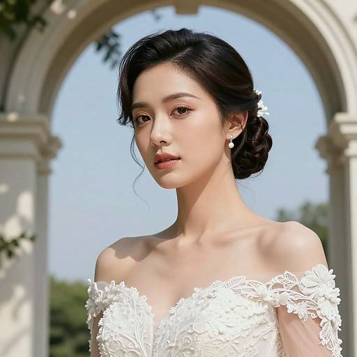 Photograph of an Asian woman with fair skin, dark hair in an updo, wearing an off-shoulder white lace wedding dress, standing under
