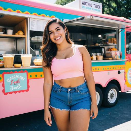 Smiling young woman in front of food truck