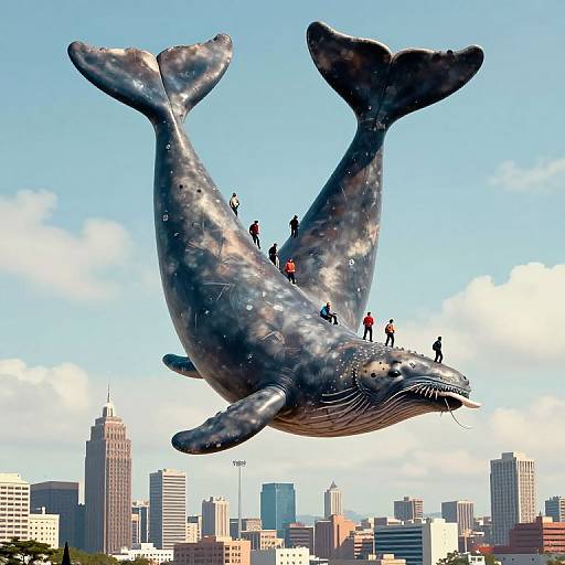 Photograph of a giant metallic blue whale sculpture with people standing on it, flying above a city skyline with skyscrapers.