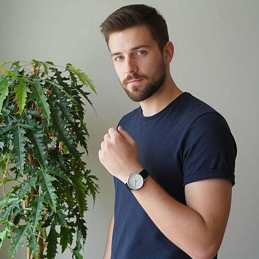 Photograph of a bearded, blue-eyed man with short brown hair, wearing a black t-shirt and silver watch, standing beside a green leafy