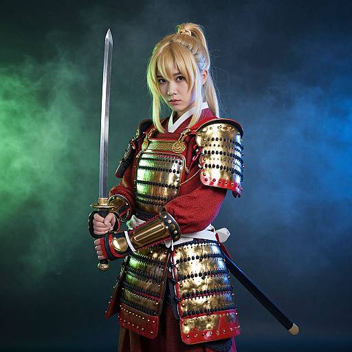 Photograph of a blonde female samurai with a determined expression, holding a sword, wearing shiny gold and red armor, against a smoky blue and
