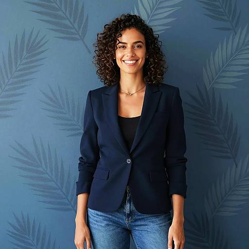 Confident Woman in Navy Blazer Smiling