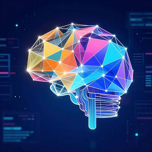 Digital artwork of a glowing, neon-colored 3D wireframe light bulb head, showcasing vibrant geometric facets in orange, pink, blue, and purple