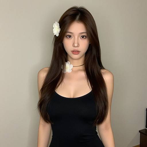 Photograph of an East Asian woman with long black hair, wearing a black tank top, white flower hair accessory, and choker, standing against a