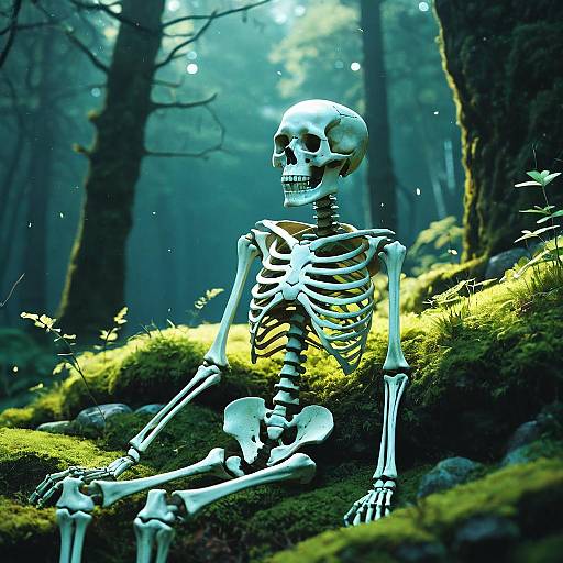Skeleton Sitting in Mossy Forest